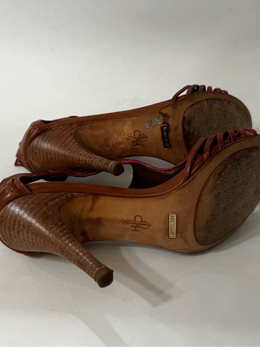 Cole Haan Brown Leather Huarache Heels Sandals Pink Trim Open Toe Heels Size 6.5 - Picture 6 of 9